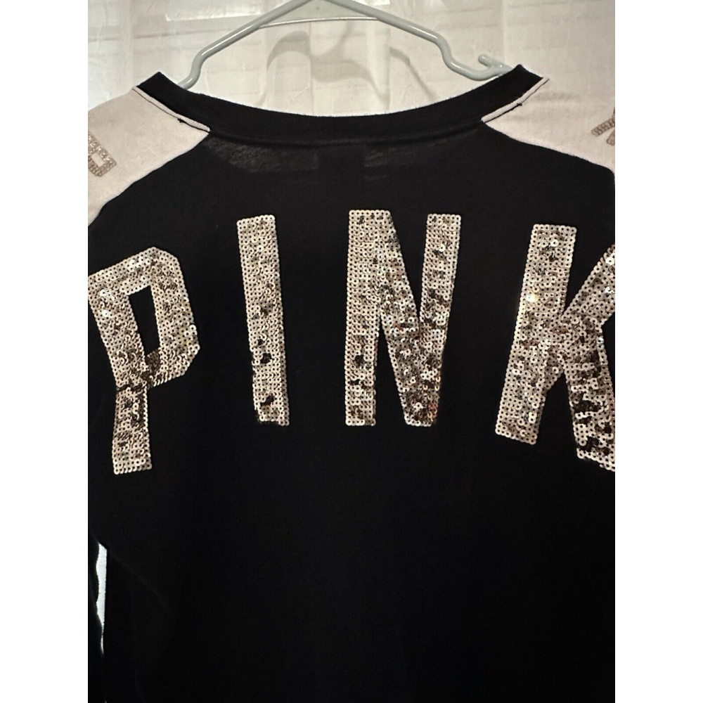 Y2K PINK Victorias Secret Black And Gold Rhinestone Bling Long Sleeve Crew Neck
